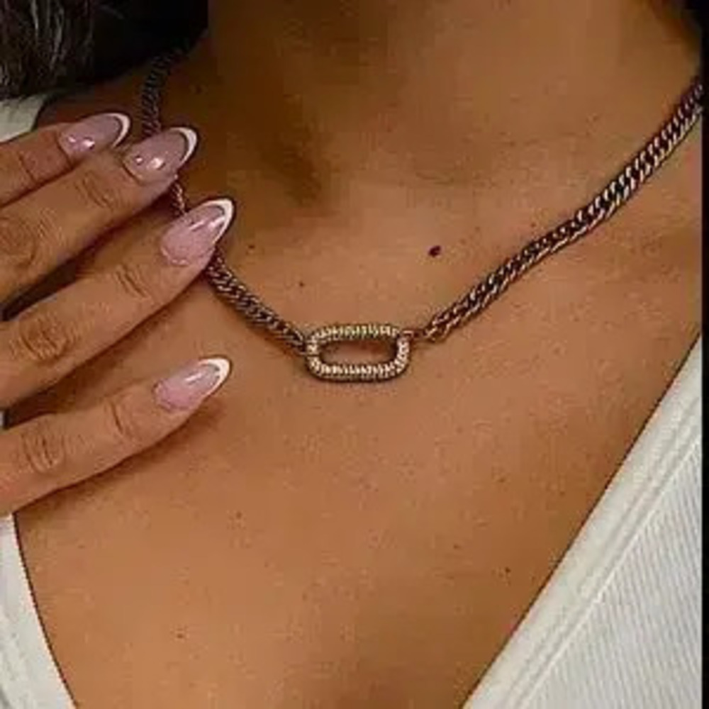 Gold Zircon Rectangular Charm Necklace Chain Link - Picture 3 of 10
